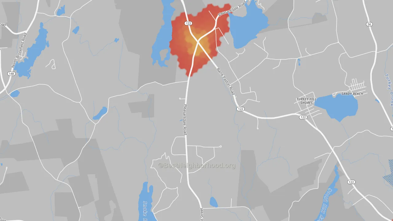 Walk Grade map of Turkey Hill Shores, MA, walkable areas in green and car-dependent areas in red