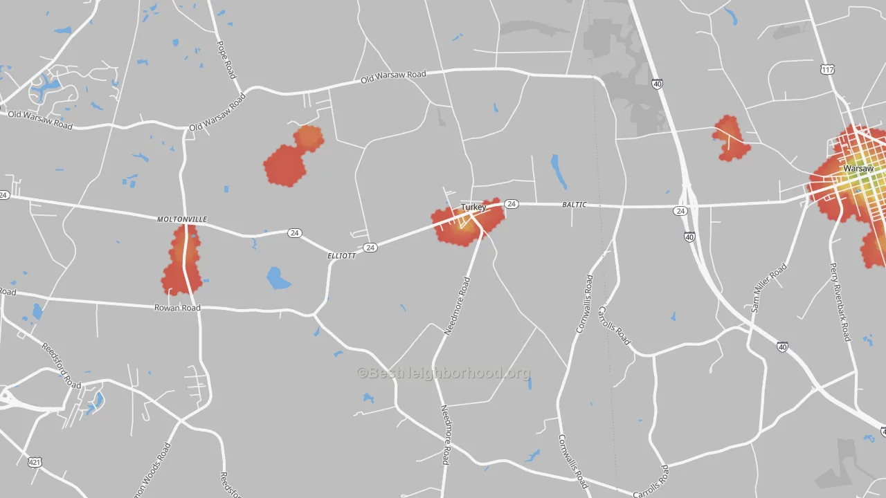Walk Grade map of Turkey, NC, walkable areas in green and car-dependent areas in red