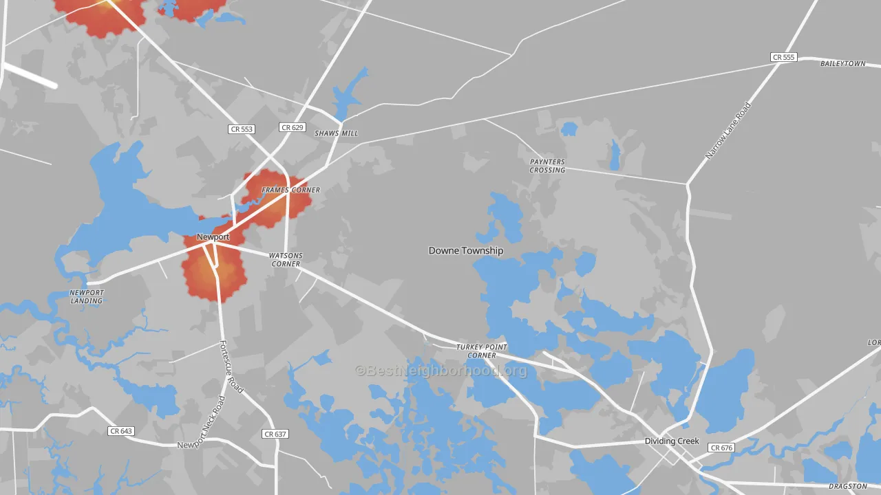 Walk Grade map of Turkey Point Corner, NJ, walkable areas in green and car-dependent areas in red