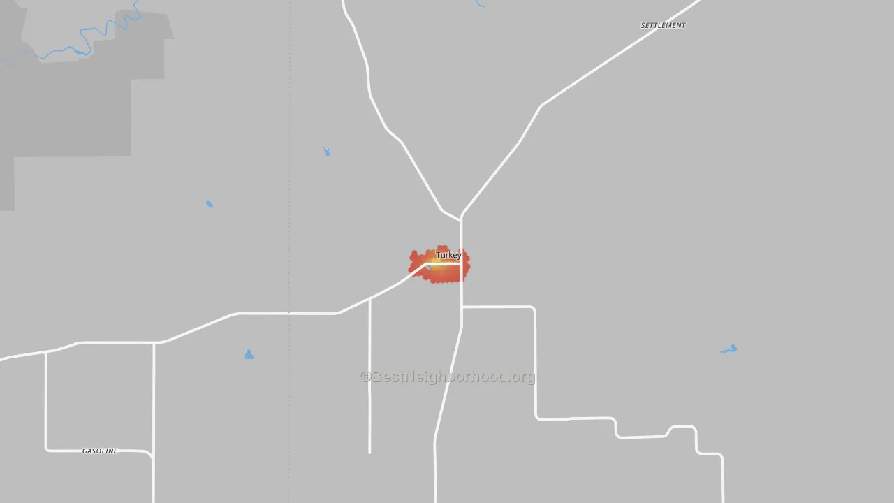 Walk Grade map of Turkey, TX, walkable areas in green and car-dependent areas in red