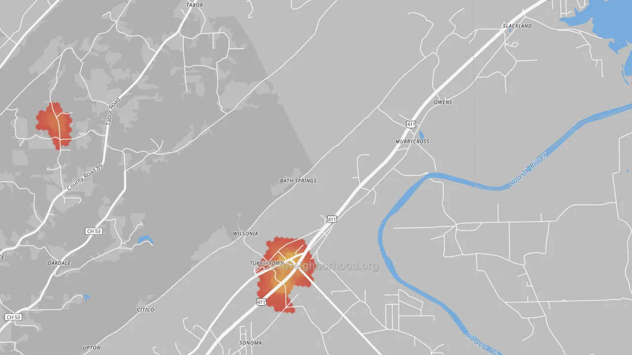 Walk Grade map of Turkeytown, AL, walkable areas in green and car-dependent areas in red