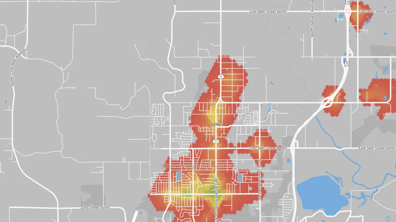 Walk Grade map of Turley, OK, walkable areas in green and car-dependent areas in red