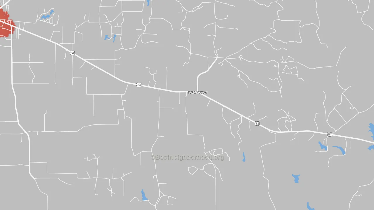 Walk Grade map of Turlington, TX, walkable areas in green and car-dependent areas in red