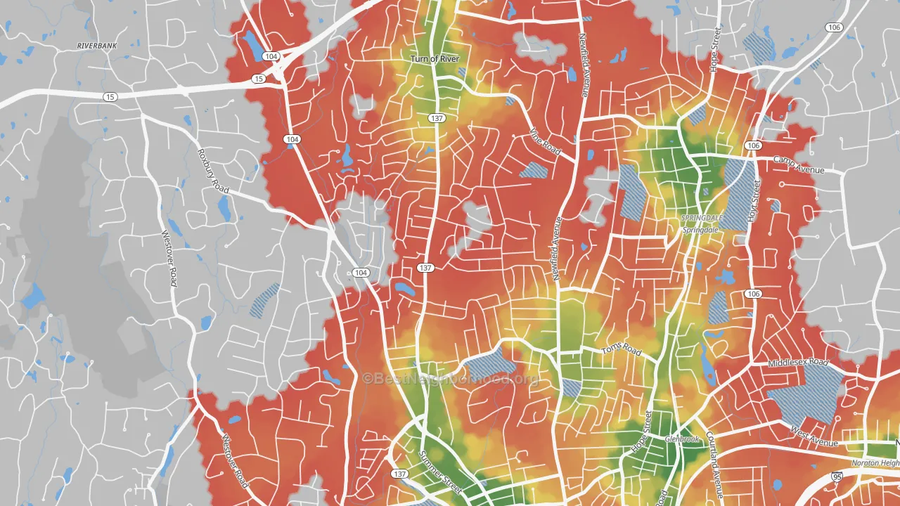 Walk Grade map of Turn of River, Stamford, CT, walkable areas in green and car-dependent areas in red
