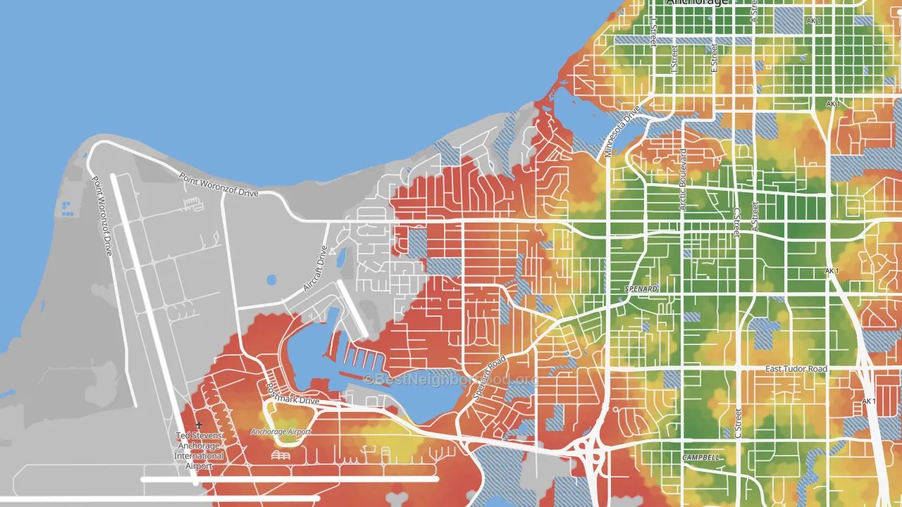 Walk Grade map of Turnagain, Anchorage, AK, walkable areas in green and car-dependent areas in red
