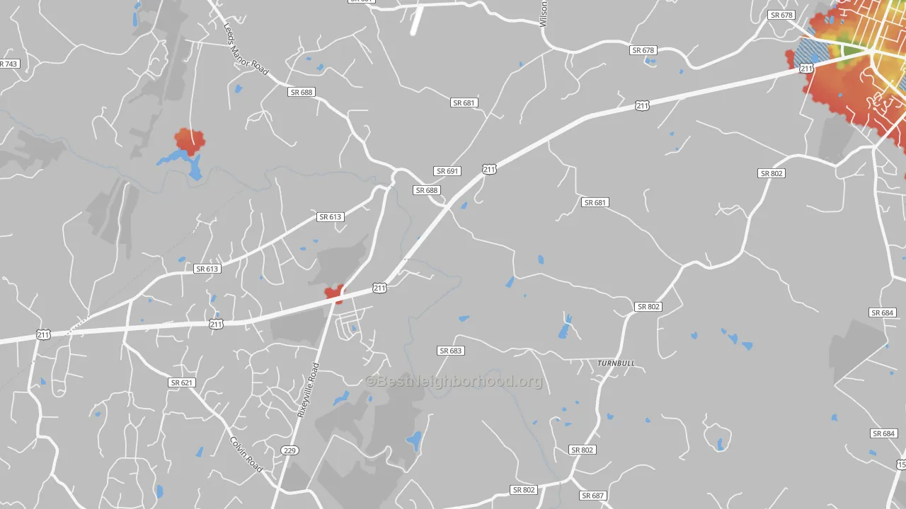 Walk Grade map of Turnbull, VA, walkable areas in green and car-dependent areas in red