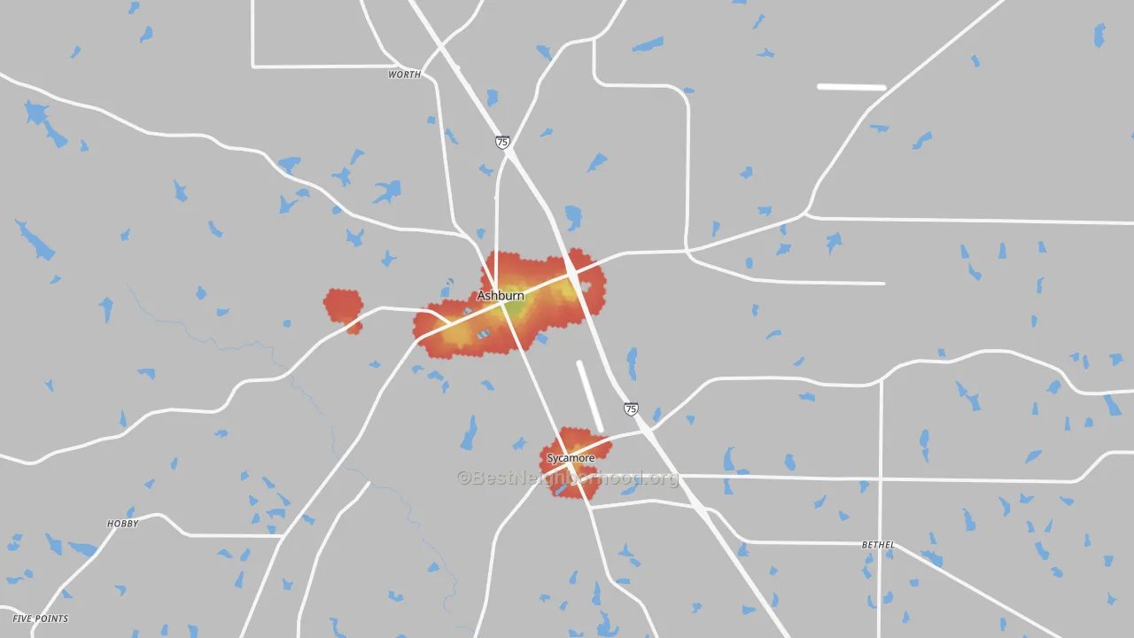 Walk Grade map of Turner County, GA, walkable areas in green and car-dependent areas in red