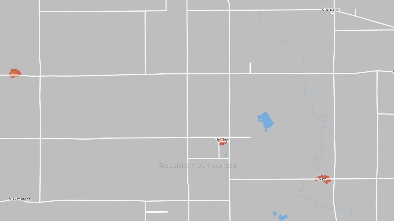 Walk Grade map of Turner County, SD, walkable areas in green and car-dependent areas in red