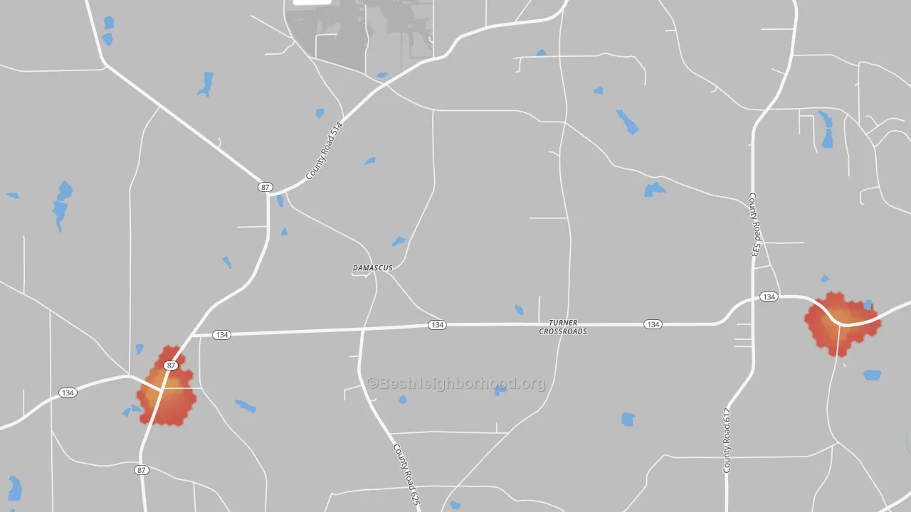 Walk Grade map of Turner Crossroads, AL, walkable areas in green and car-dependent areas in red