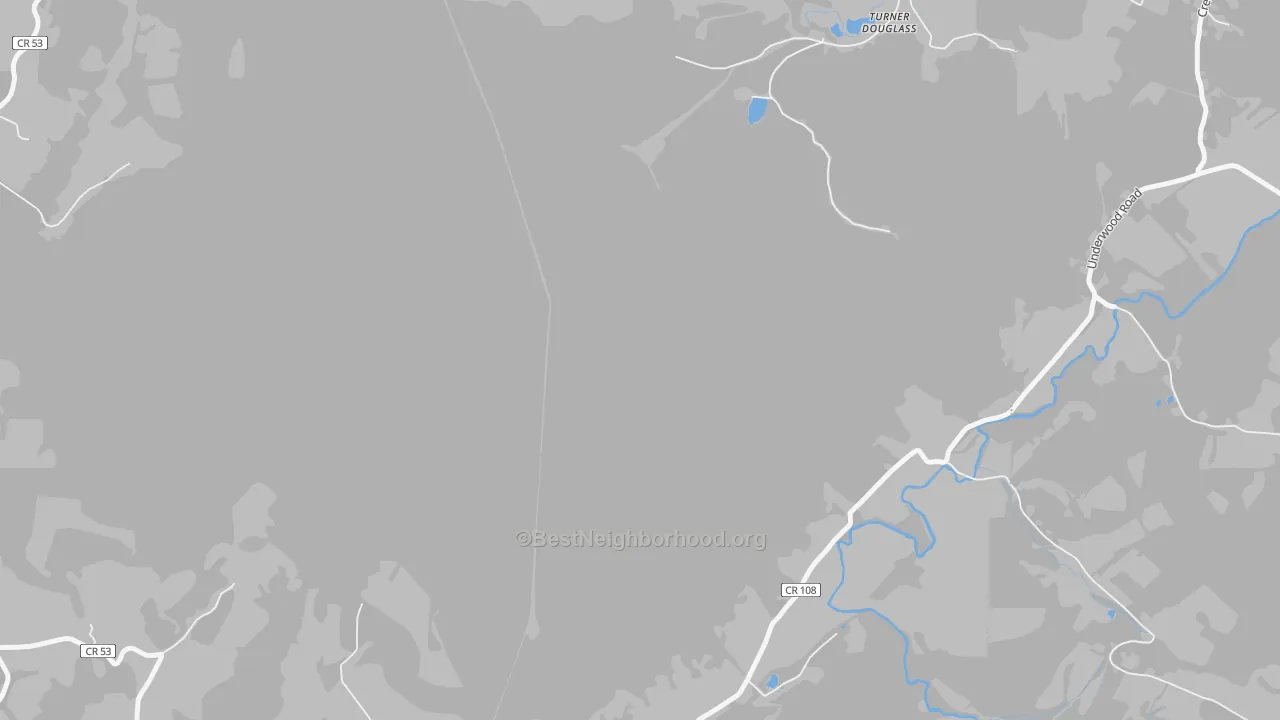 Walk Grade map of Turner Douglass, WV, walkable areas in green and car-dependent areas in red