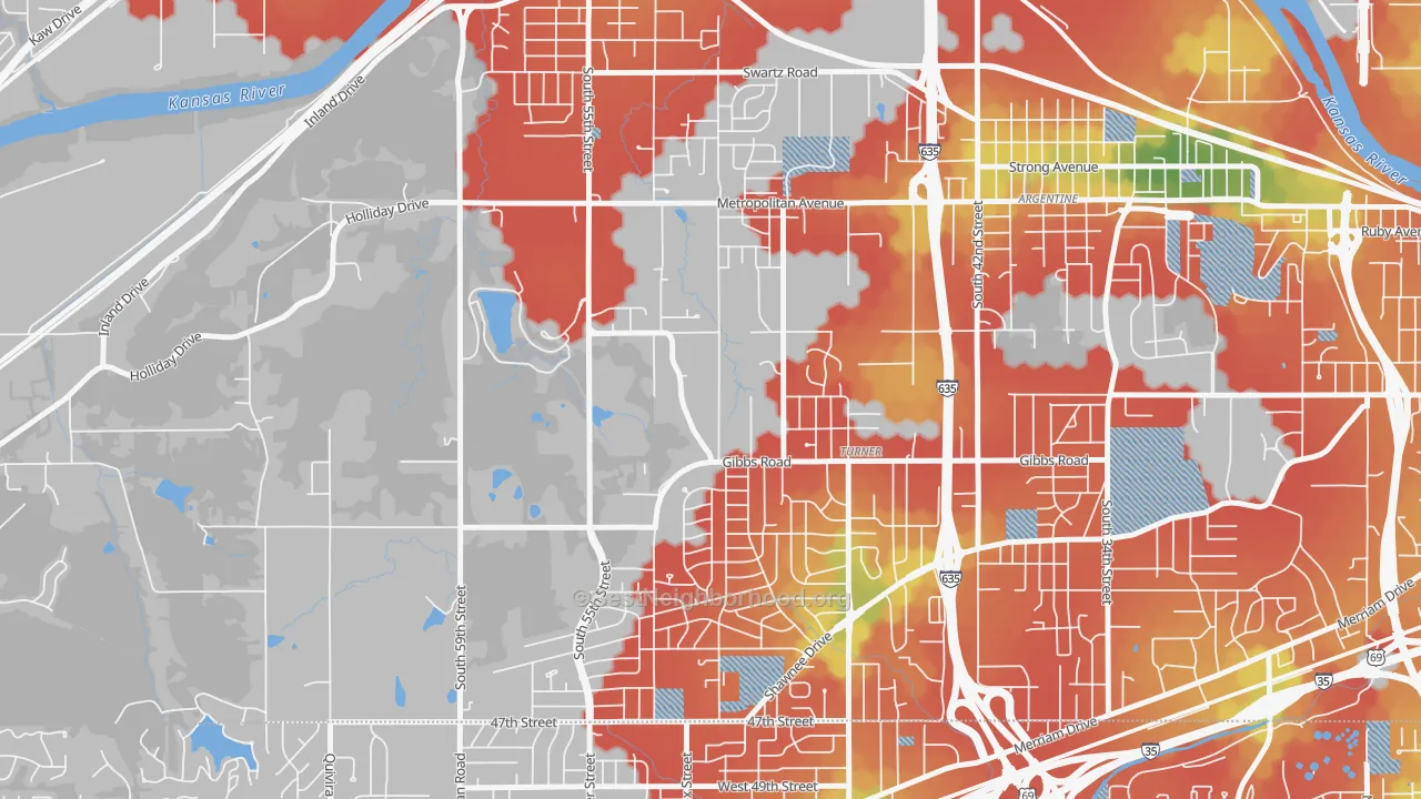 Walk Grade map of Turner, Kansas City, KS, walkable areas in green and car-dependent areas in red