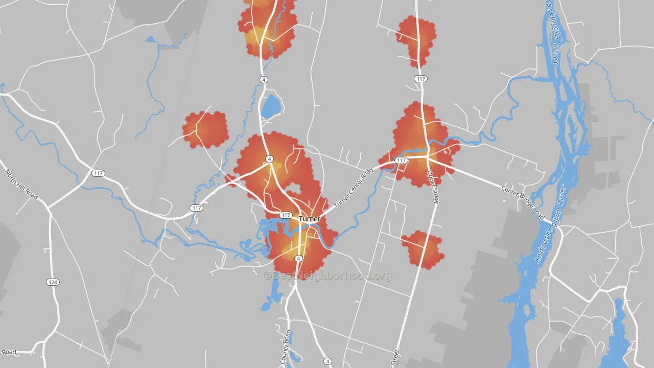 Walk Grade map of Turner, ME, walkable areas in green and car-dependent areas in red