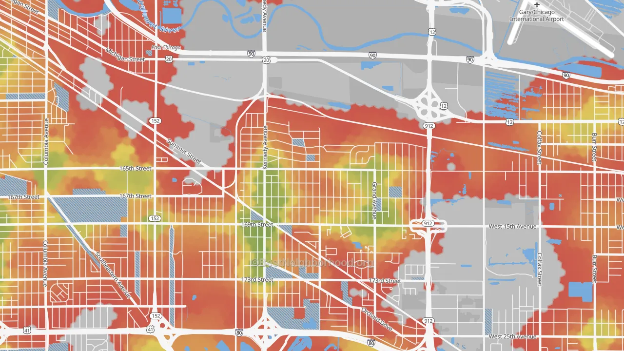 Walk Grade map of Turner-Meyn Park, Hammond, IN, walkable areas in green and car-dependent areas in red