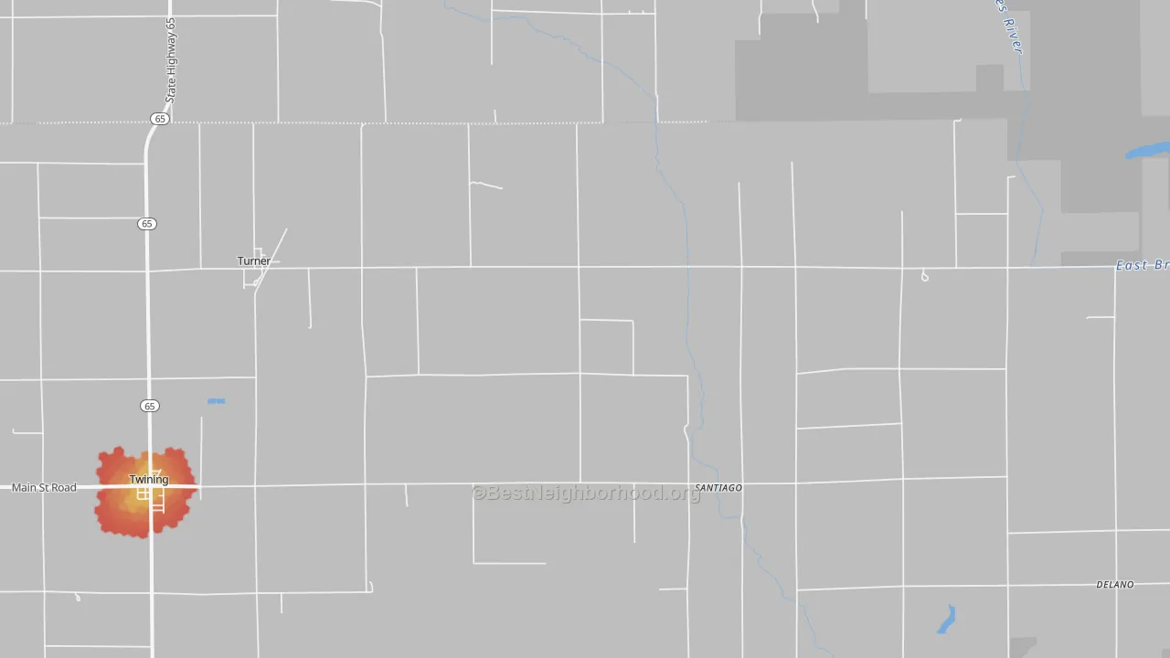 Walk Grade map of Turner, MI, walkable areas in green and car-dependent areas in red