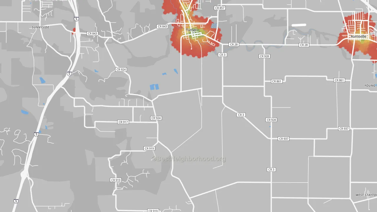 Walk Grade map of Turner, OR, walkable areas in green and car-dependent areas in red