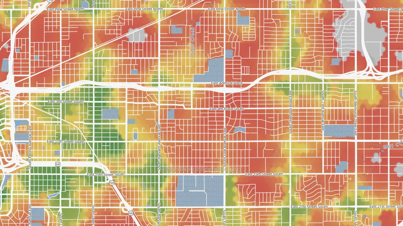 Walk Grade map of Turner Park, Tulsa, OK, walkable areas in green and car-dependent areas in red