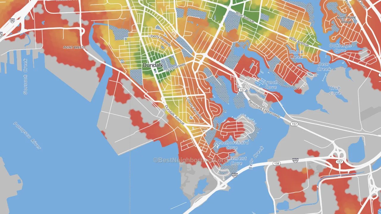 Walk Grade map of Turners, Dundalk, MD, walkable areas in green and car-dependent areas in red