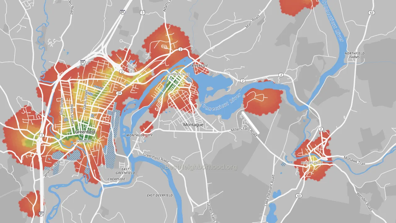 Walk Grade map of Turners Falls, MA, walkable areas in green and car-dependent areas in red