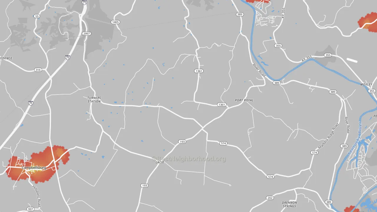 Walk Grade map of Turners Station, KY, walkable areas in green and car-dependent areas in red