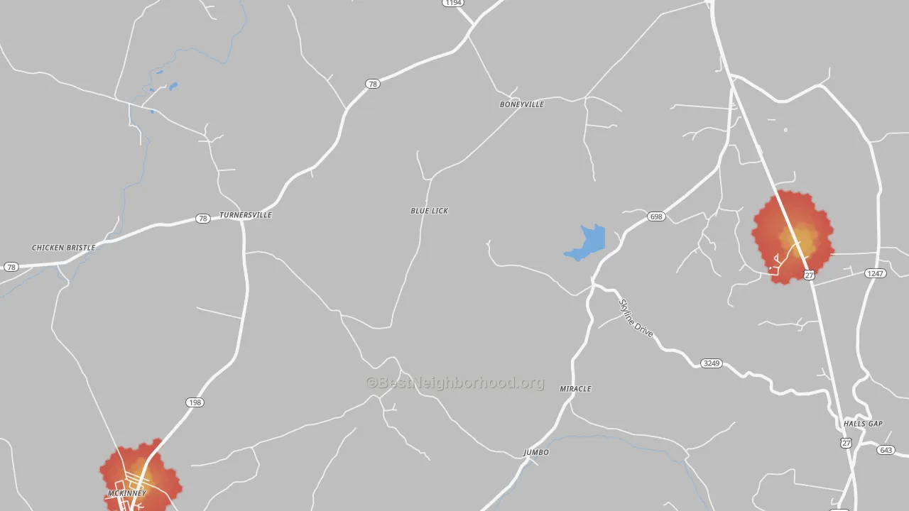 Walk Grade map of Turnersville, KY, walkable areas in green and car-dependent areas in red
