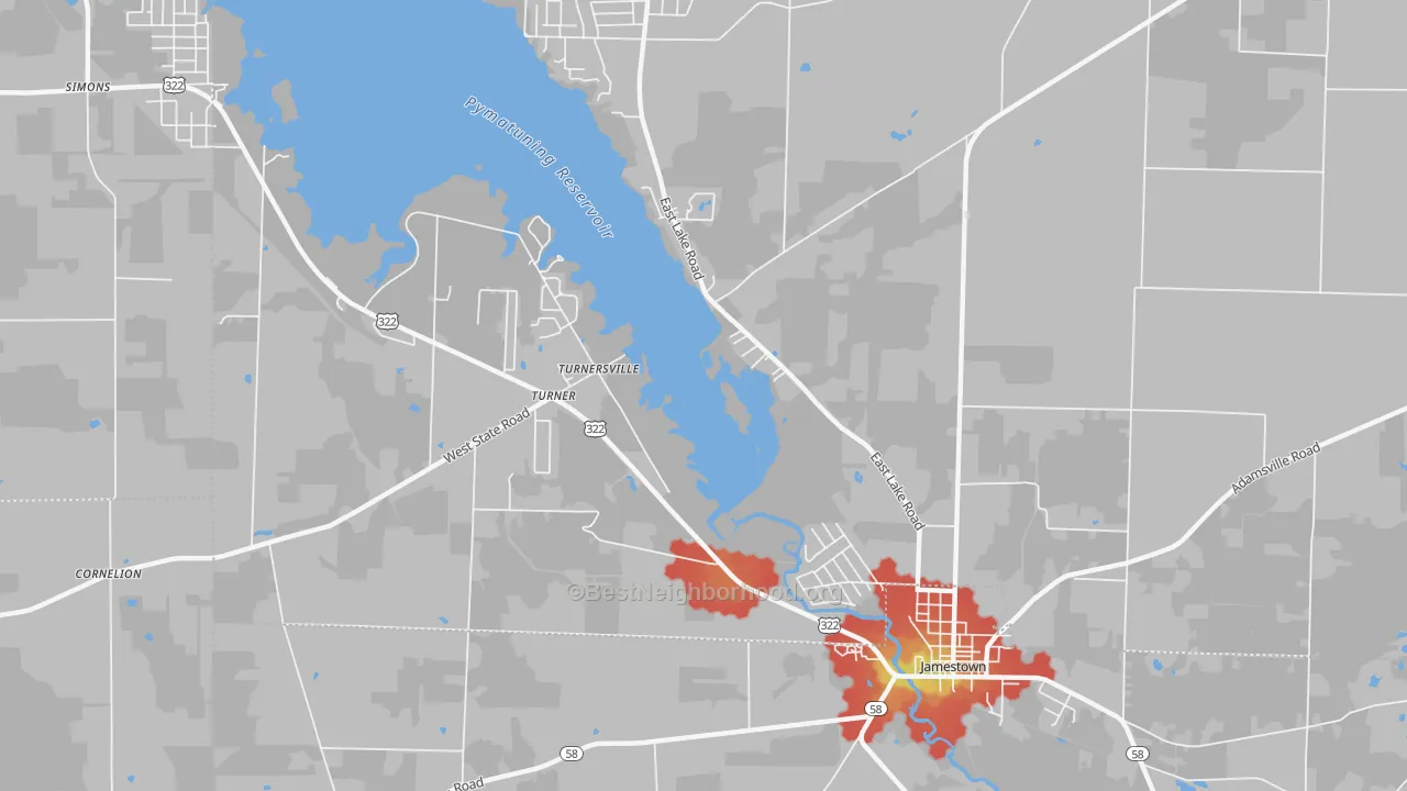 Walk Grade map of Turnersville, PA, walkable areas in green and car-dependent areas in red