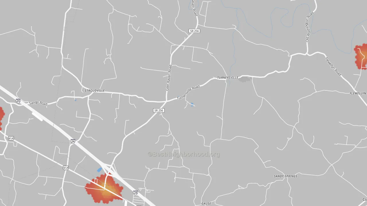 Walk Grade map of Turnersville, TN, walkable areas in green and car-dependent areas in red