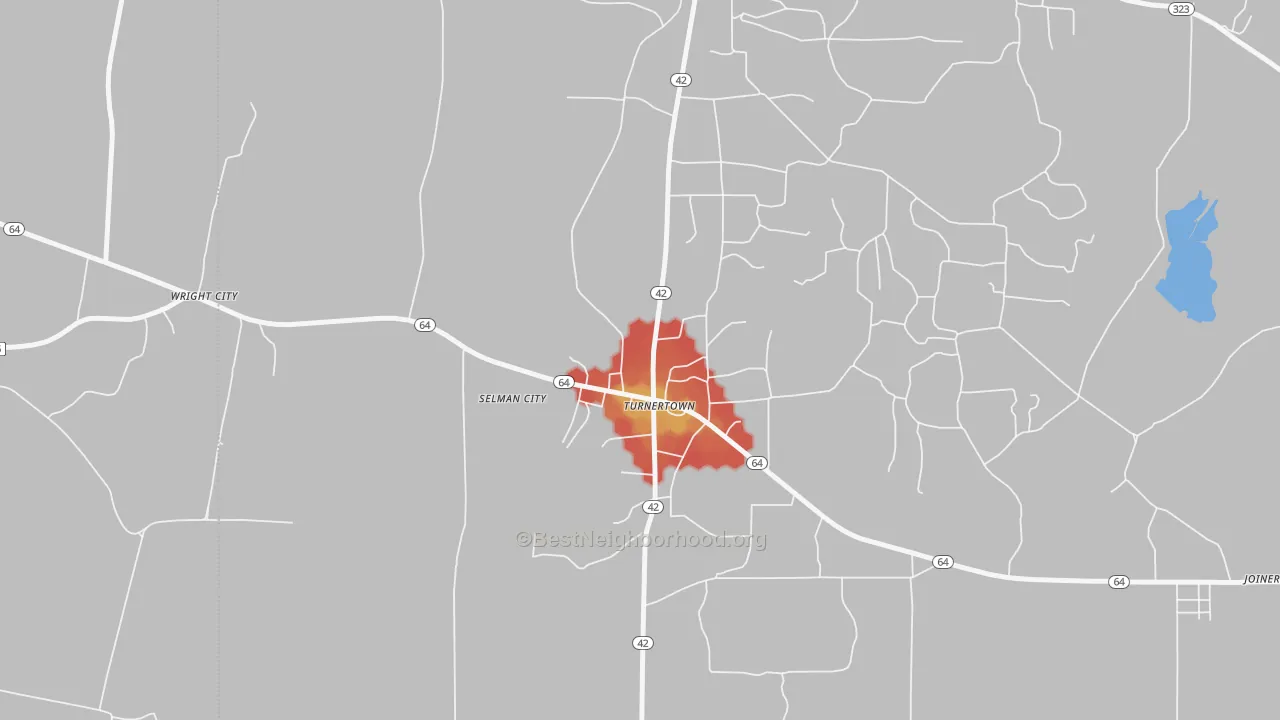Walk Grade map of Turnertown, TX, walkable areas in green and car-dependent areas in red