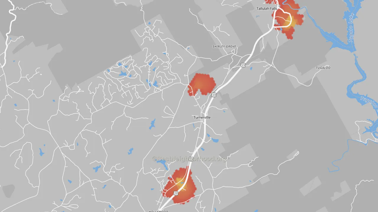 Walk Grade map of Turnerville, GA, walkable areas in green and car-dependent areas in red