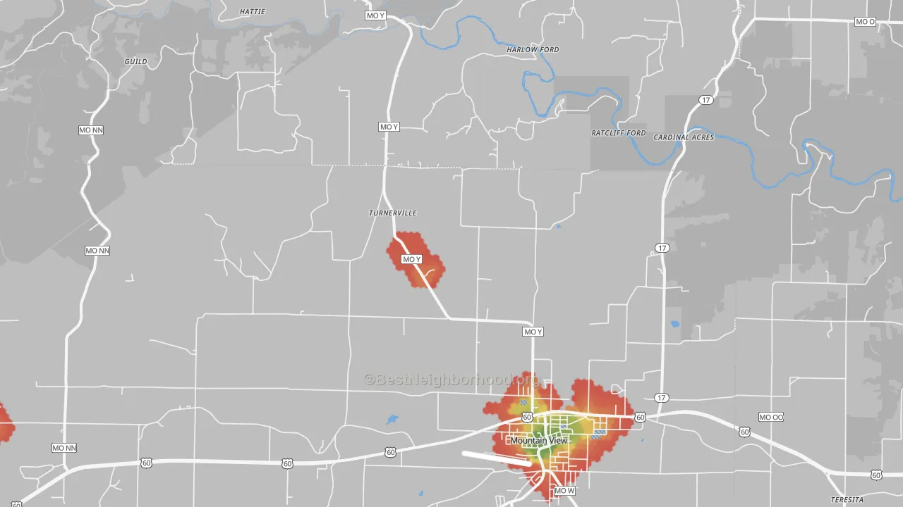 Walk Grade map of Turnerville, MO, walkable areas in green and car-dependent areas in red