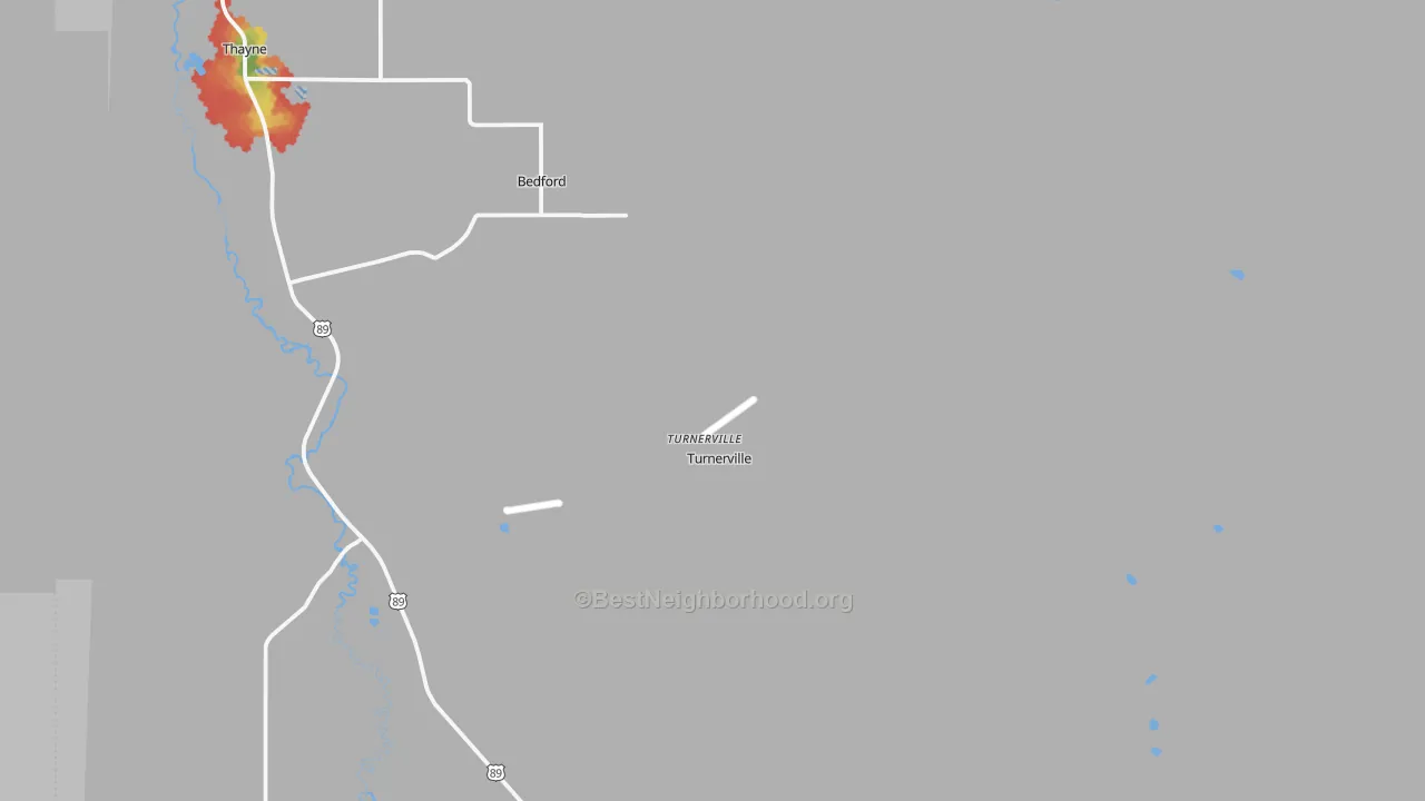 Walk Grade map of Turnerville, WY, walkable areas in green and car-dependent areas in red