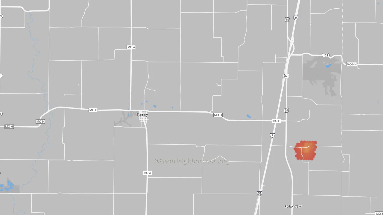 Walk Grade map of Turney, MO, walkable areas in green and car-dependent areas in red