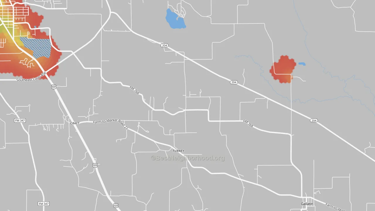 Walk Grade map of Turney, TX, walkable areas in green and car-dependent areas in red