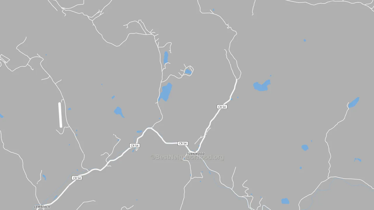 Walk Grade map of Turnwood, NY, walkable areas in green and car-dependent areas in red