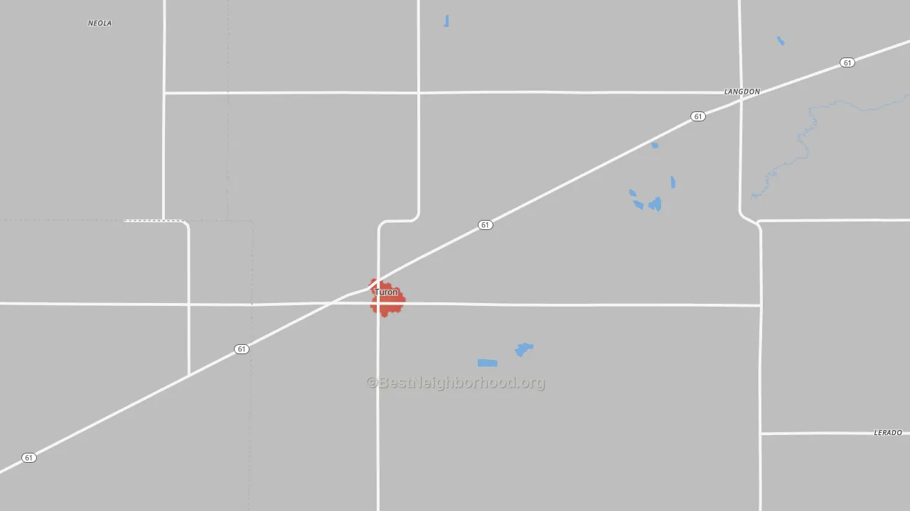 Walk Grade map of Turon, KS, walkable areas in green and car-dependent areas in red