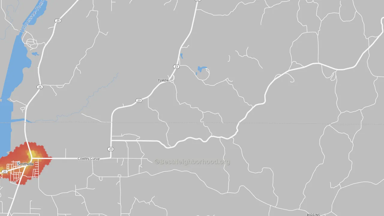 Walk Grade map of Turon, MS, walkable areas in green and car-dependent areas in red