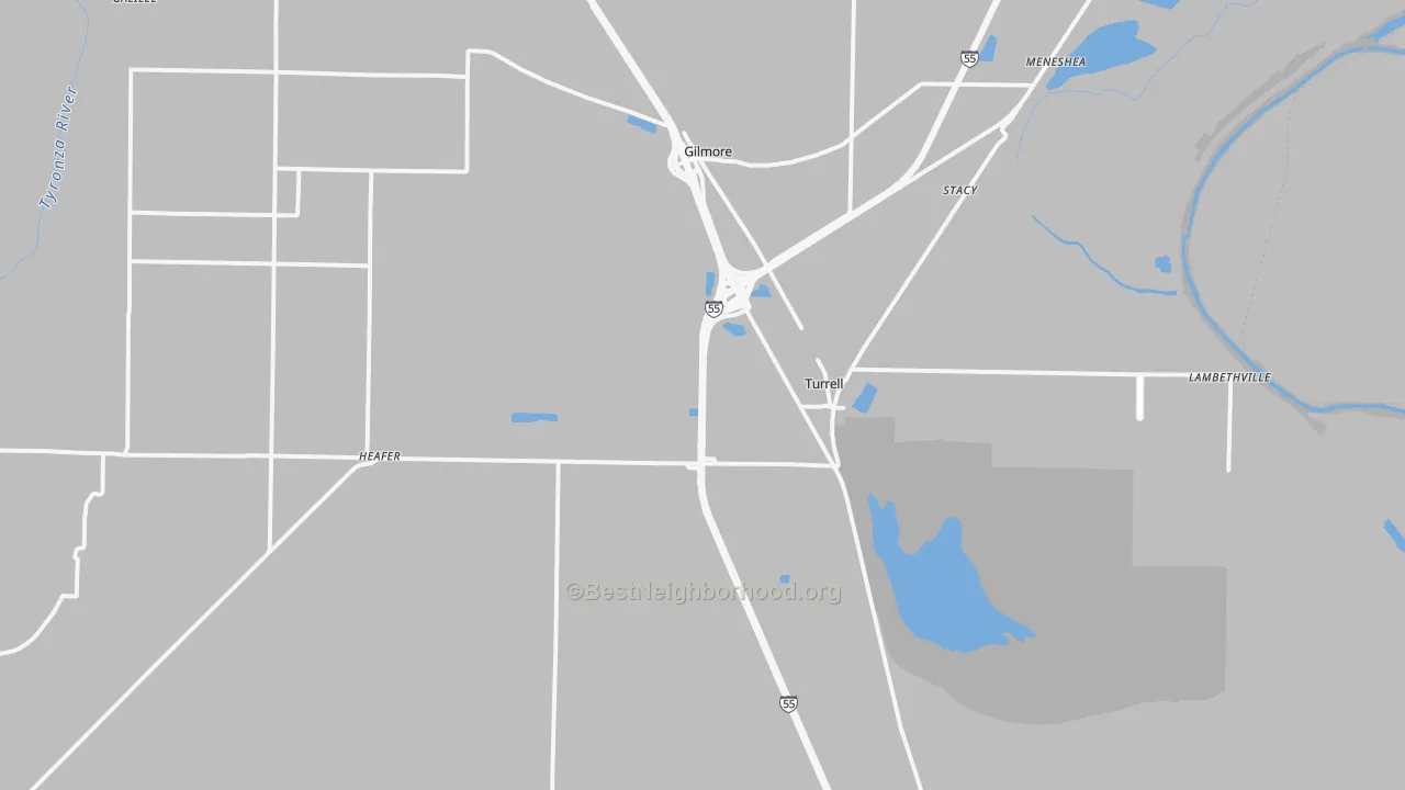 Walk Grade map of Turrell, AR, walkable areas in green and car-dependent areas in red