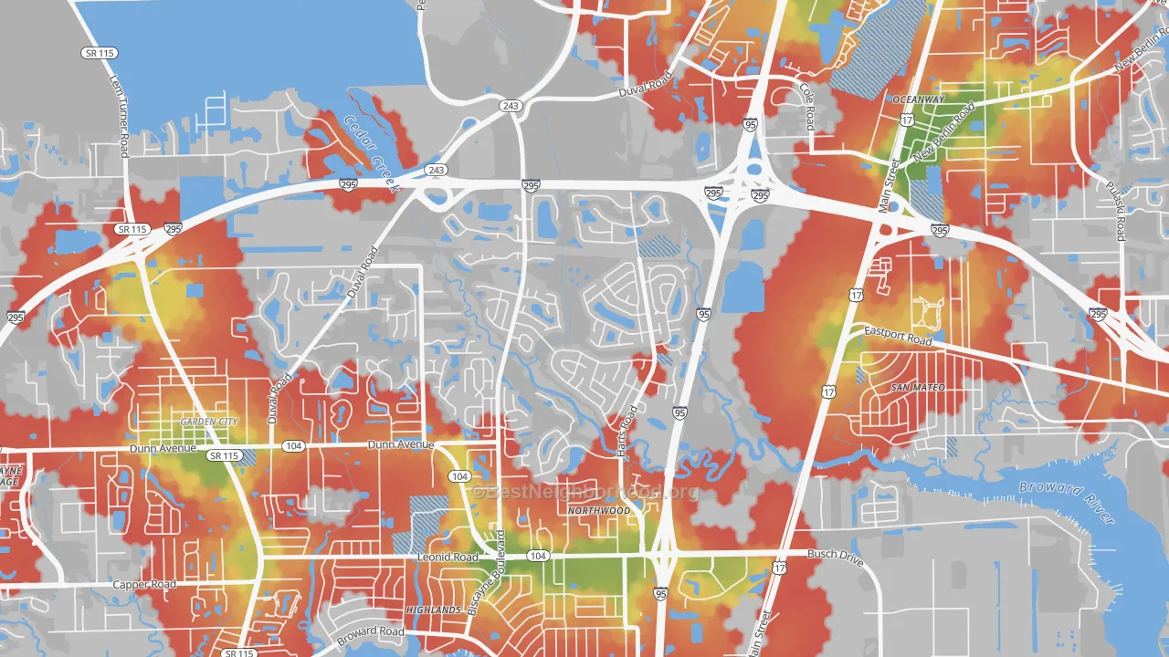 Walk Grade map of Turtle Creek, Jacksonville, FL, walkable areas in green and car-dependent areas in red