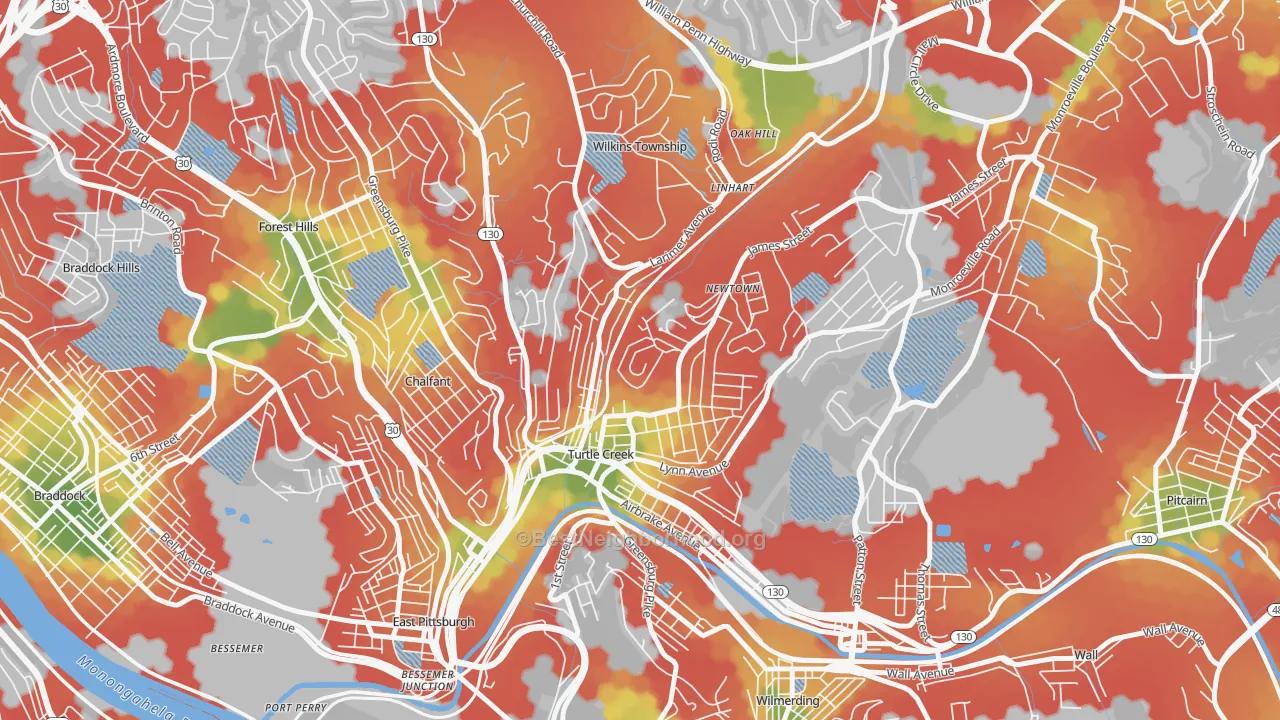 Walk Grade map of Turtle Creek, PA, walkable areas in green and car-dependent areas in red