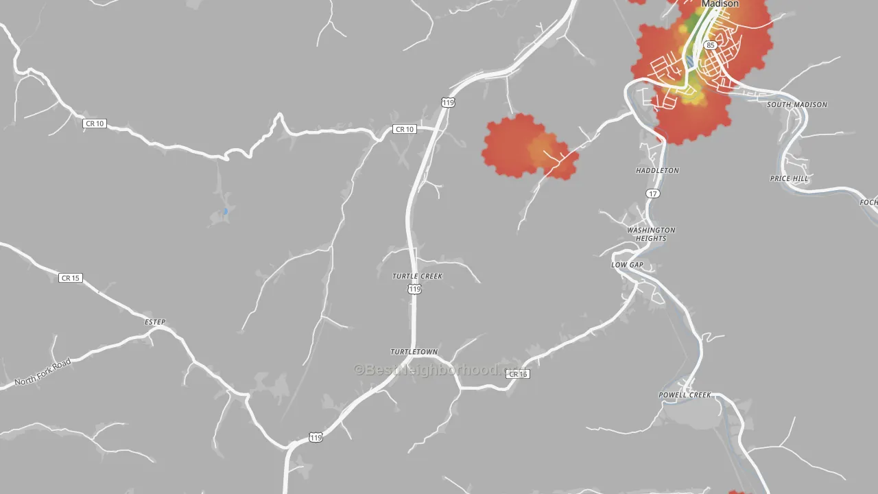 Walk Grade map of Turtle Creek, WV, walkable areas in green and car-dependent areas in red
