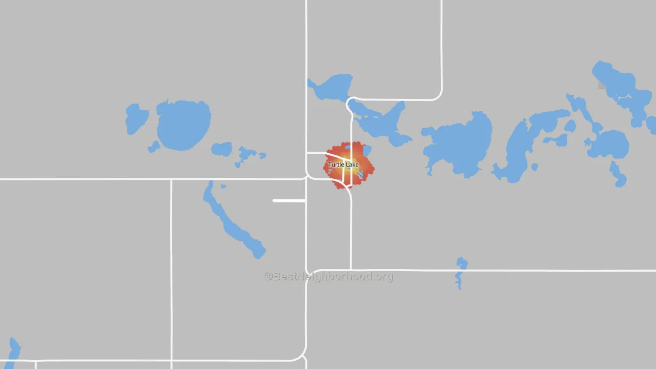 Walk Grade map of Turtle Lake, ND, walkable areas in green and car-dependent areas in red