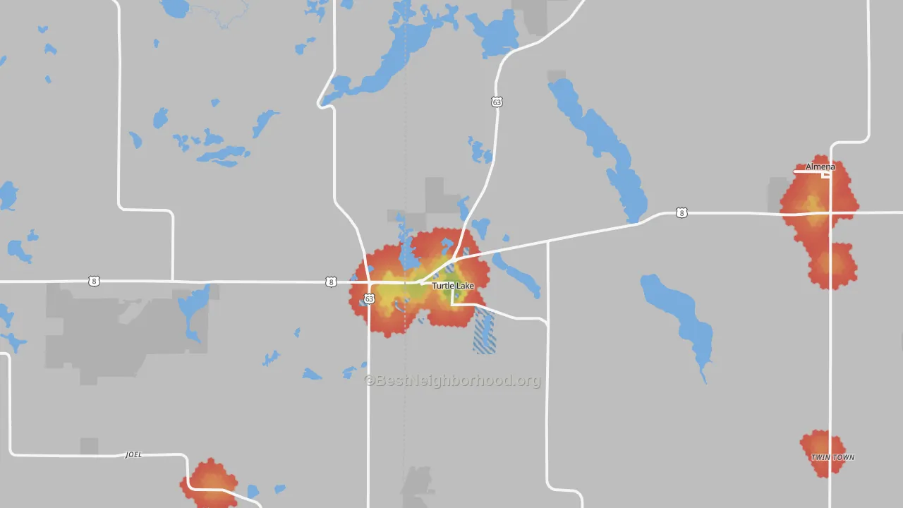 Walk Grade map of Turtle Lake, WI, walkable areas in green and car-dependent areas in red