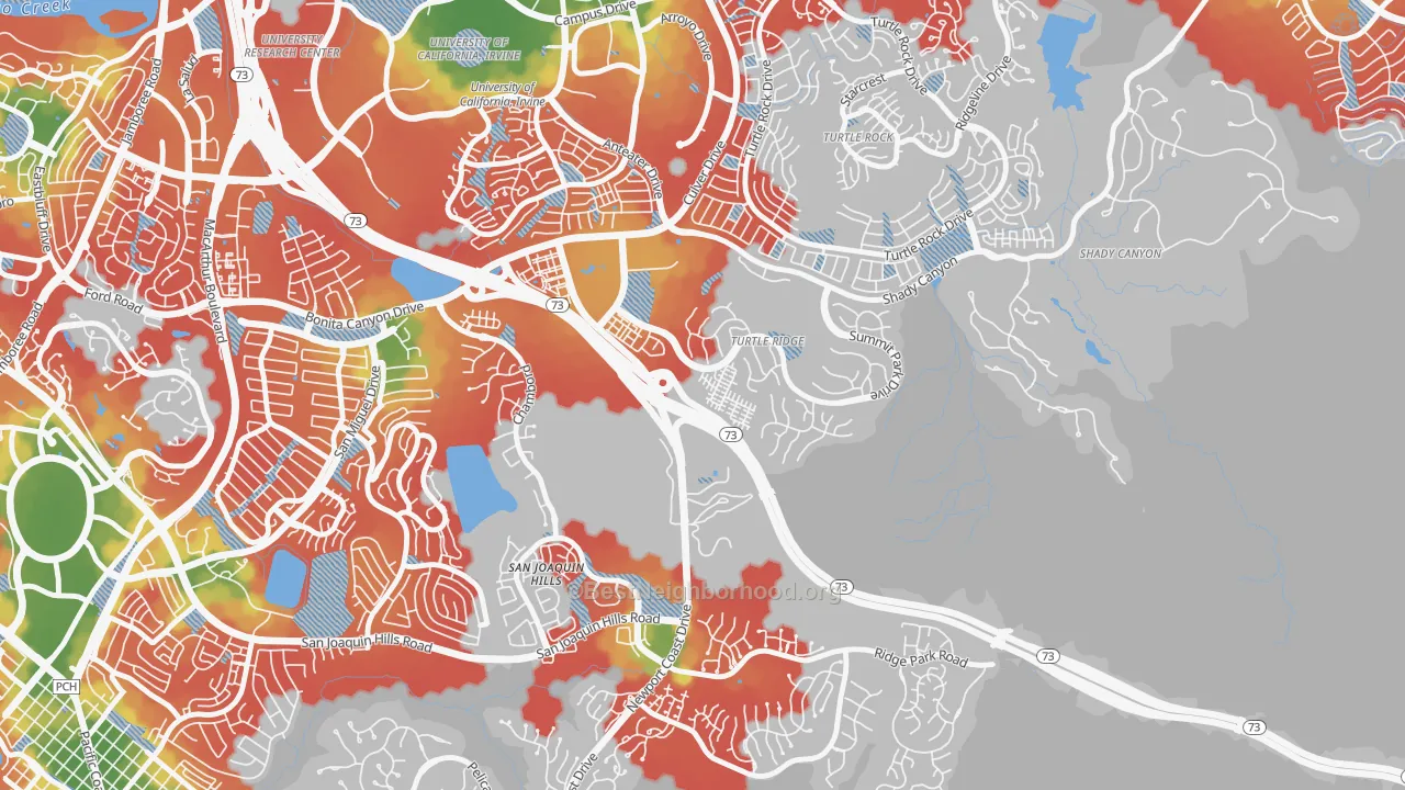 Walk Grade map of Turtle Ridge, Irvine, CA, walkable areas in green and car-dependent areas in red