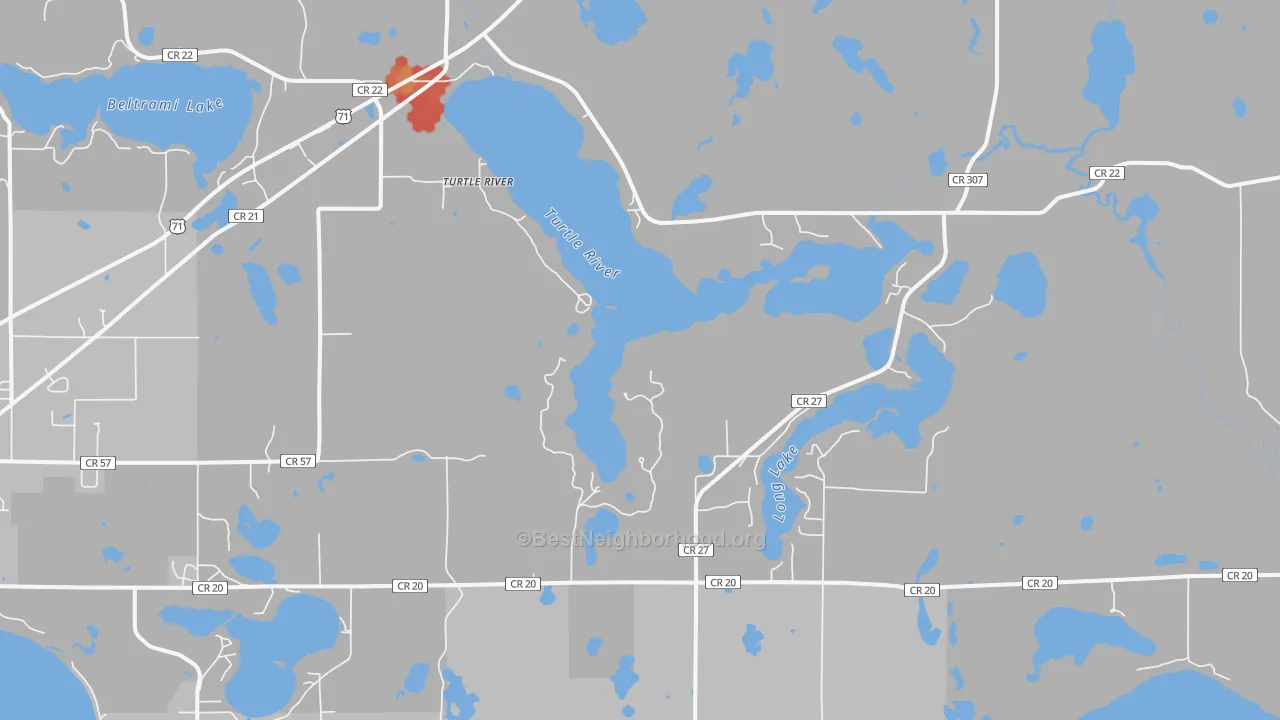 Walk Grade map of Turtle River, MN, walkable areas in green and car-dependent areas in red