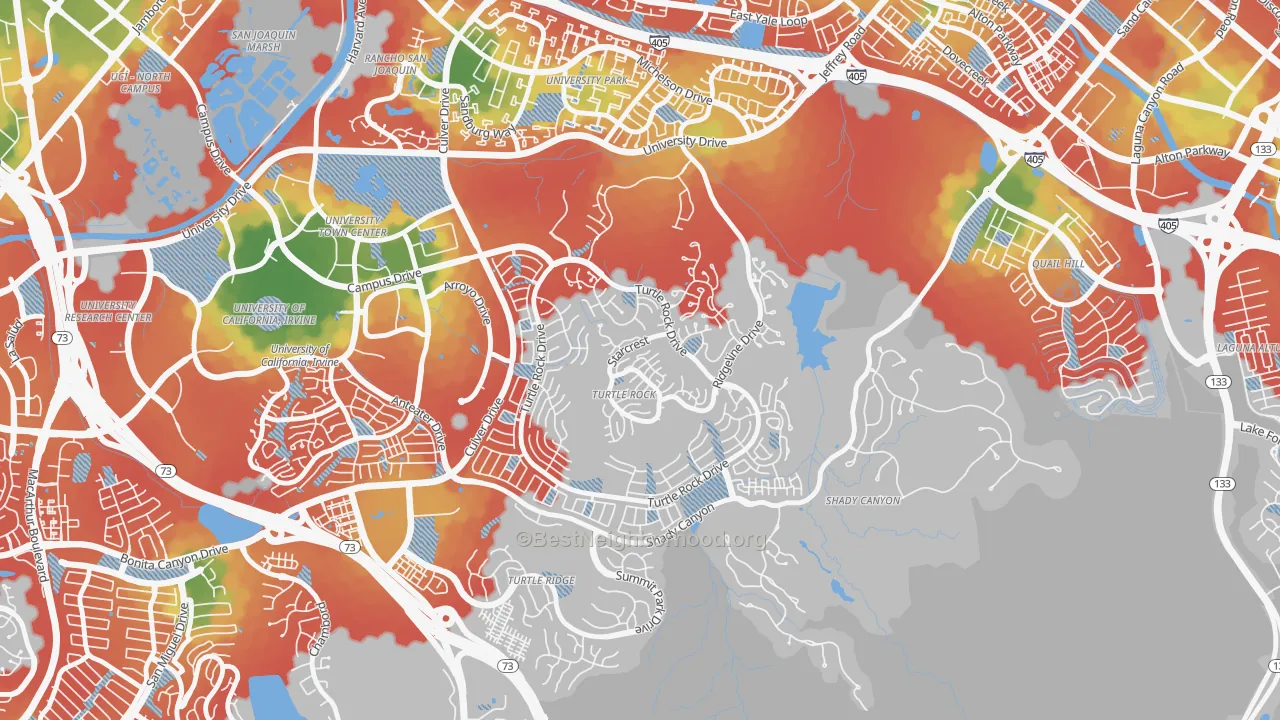 Walk Grade map of Turtle Rock, Irvine, CA, walkable areas in green and car-dependent areas in red