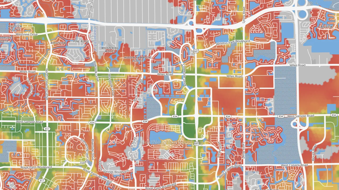 Walk Grade map of Turtle Run, Coral Springs, FL, walkable areas in green and car-dependent areas in red