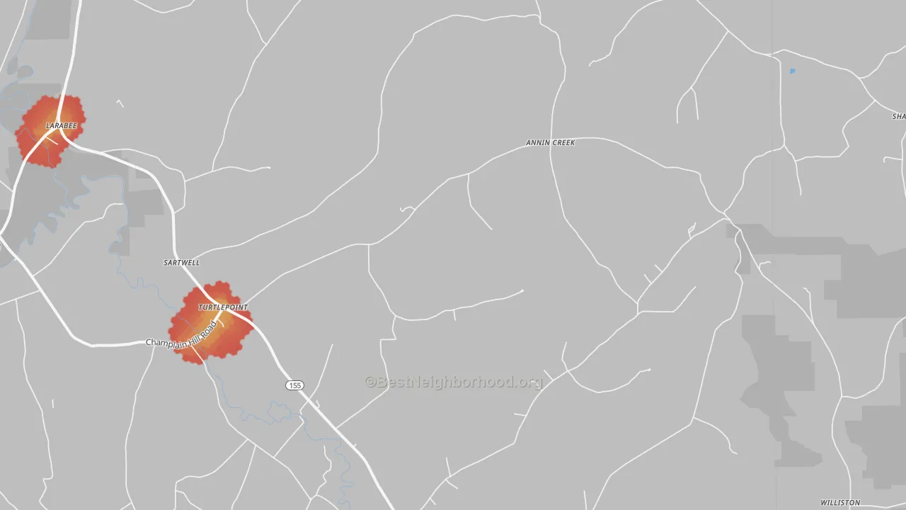Walk Grade map of Turtlepoint, PA, walkable areas in green and car-dependent areas in red