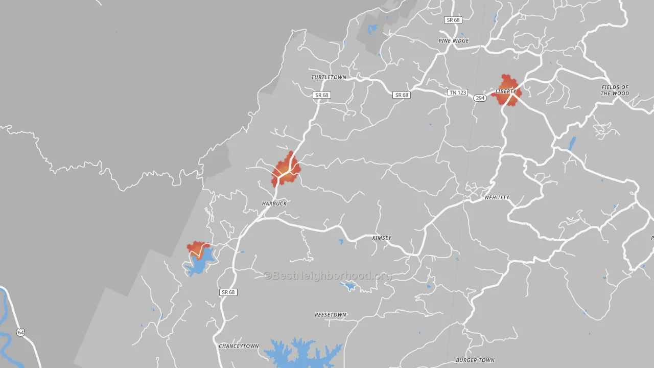 Walk Grade map of Turtletown, TN, walkable areas in green and car-dependent areas in red