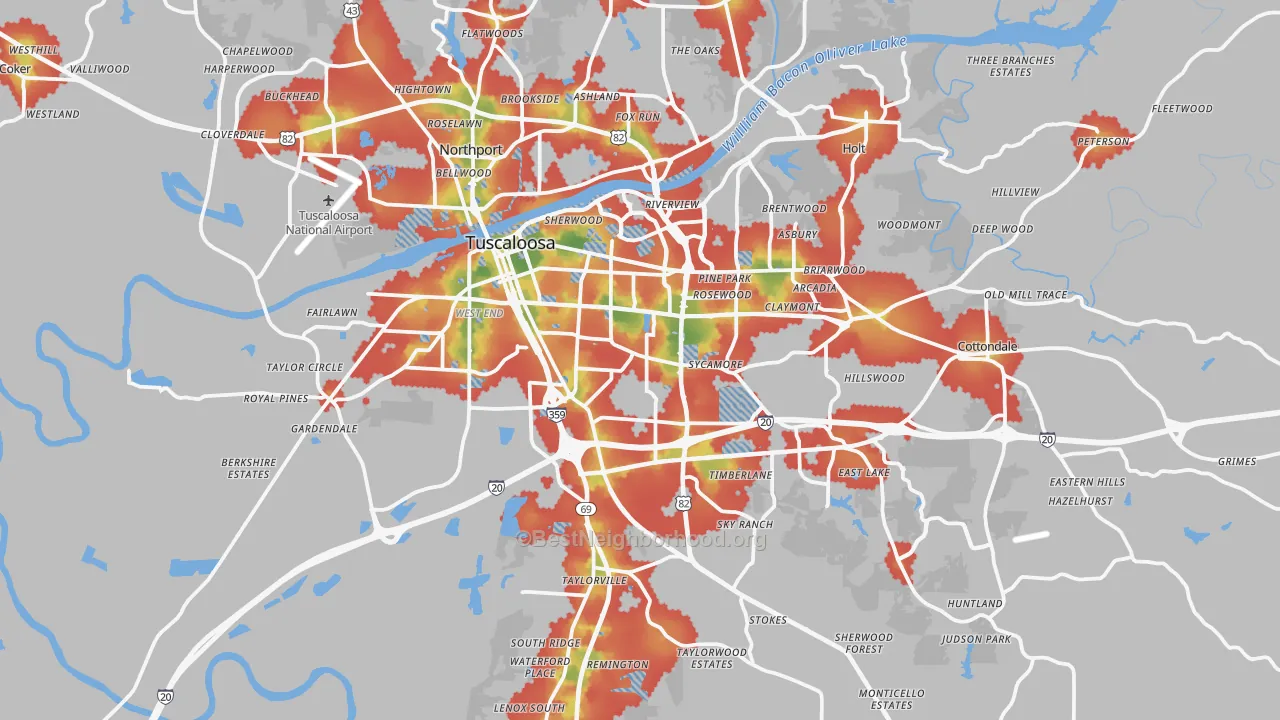 Walk Grade map of Tuscaloosa, AL, walkable areas in green and car-dependent areas in red