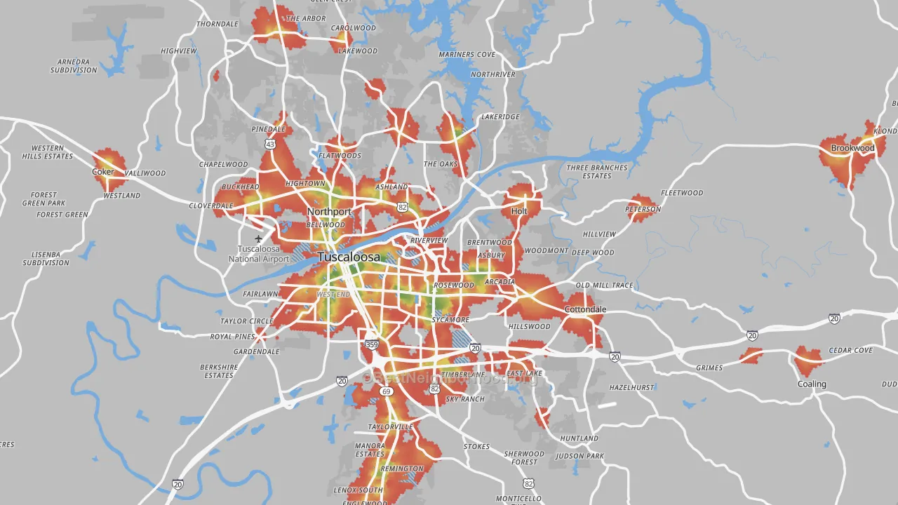 Walk Grade map of Tuscaloosa County, AL, walkable areas in green and car-dependent areas in red