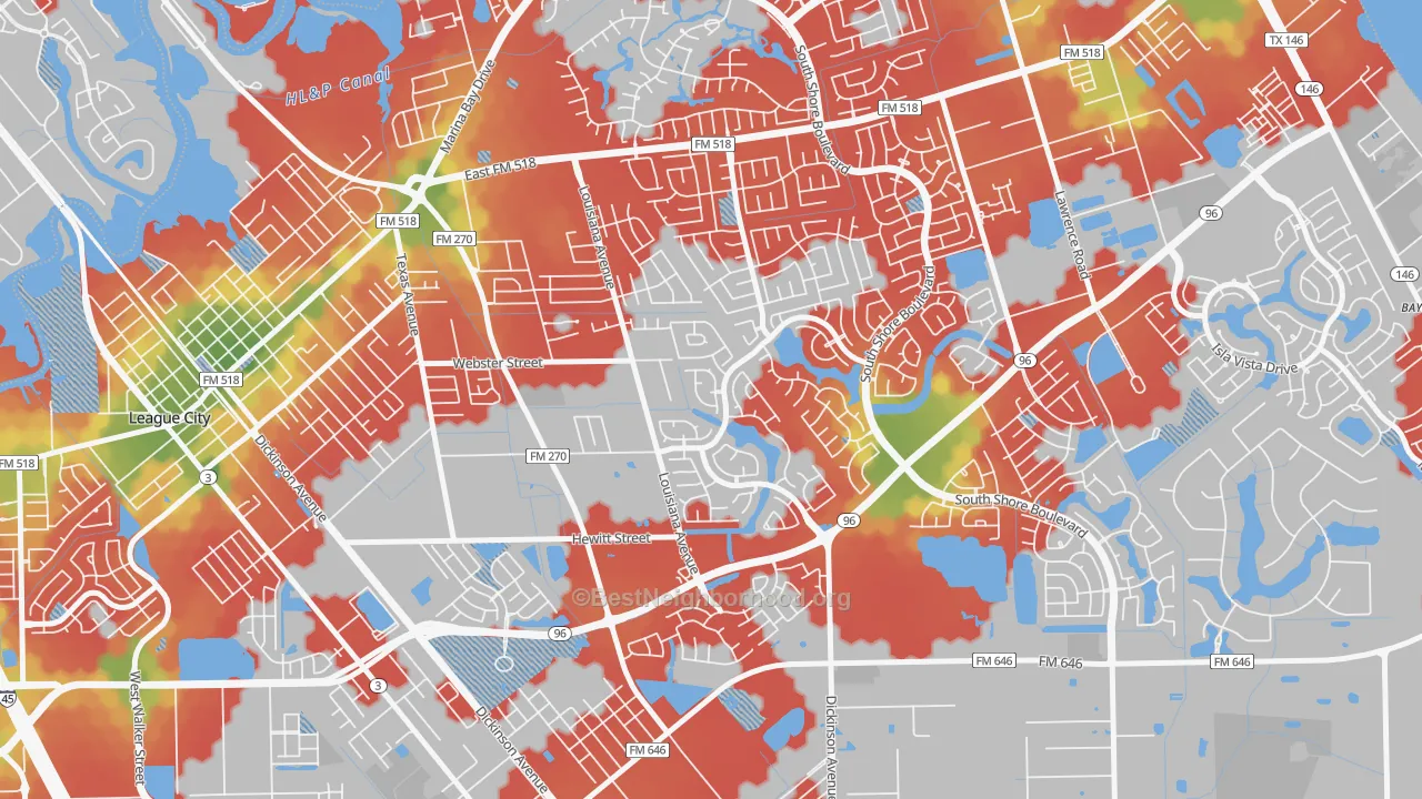 Walk Grade map of Tuscan Lakes, League City, TX, walkable areas in green and car-dependent areas in red
